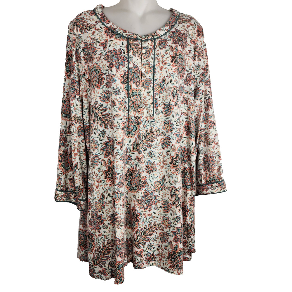 J Jill Women Floral Tunic Top Green Piping Button Placket XL Tall Cottagecore
